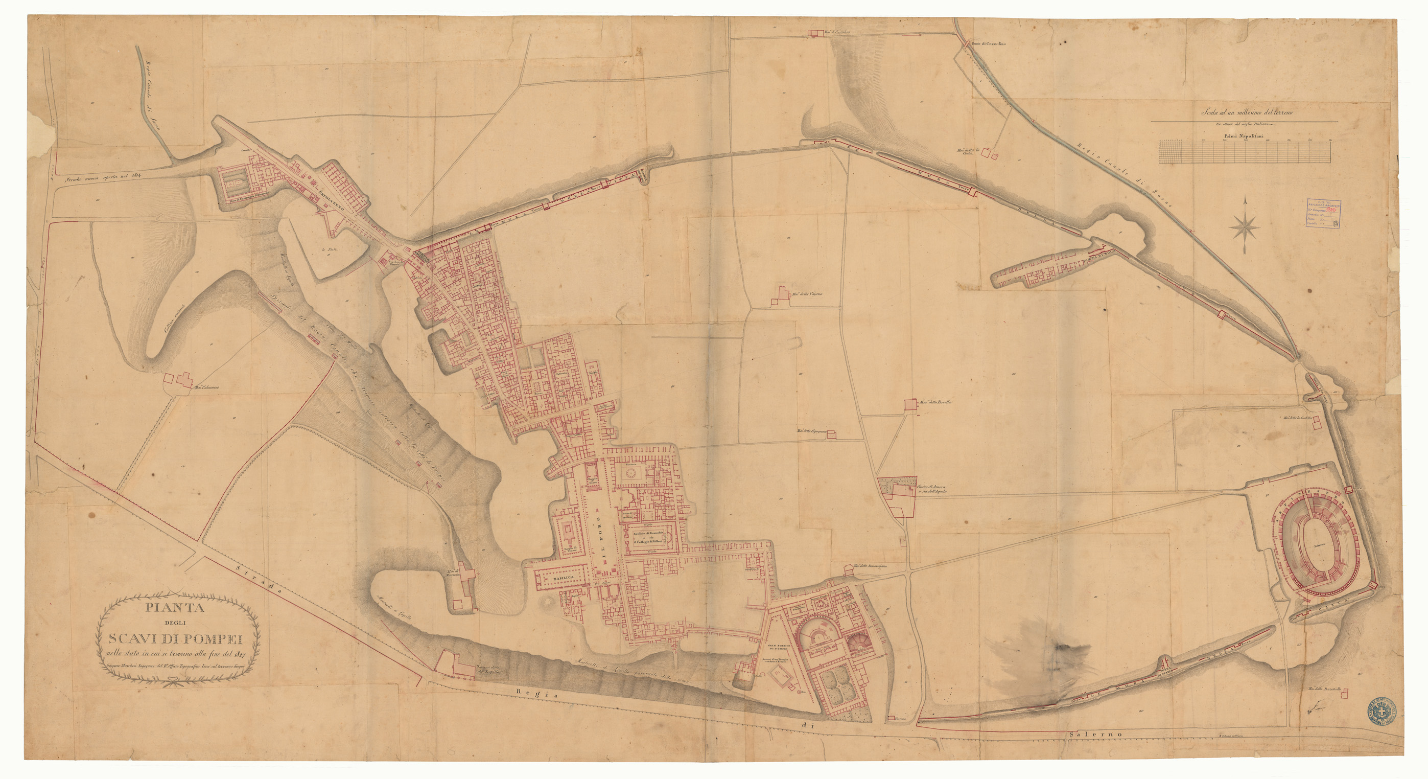 (N:15714) Pianta degli scavi di Pompei nello stato in cui si trovano alla fine del 1827 (CA006753) Carte e stampe antiche: riproduzione a colori su carta (formato A1)