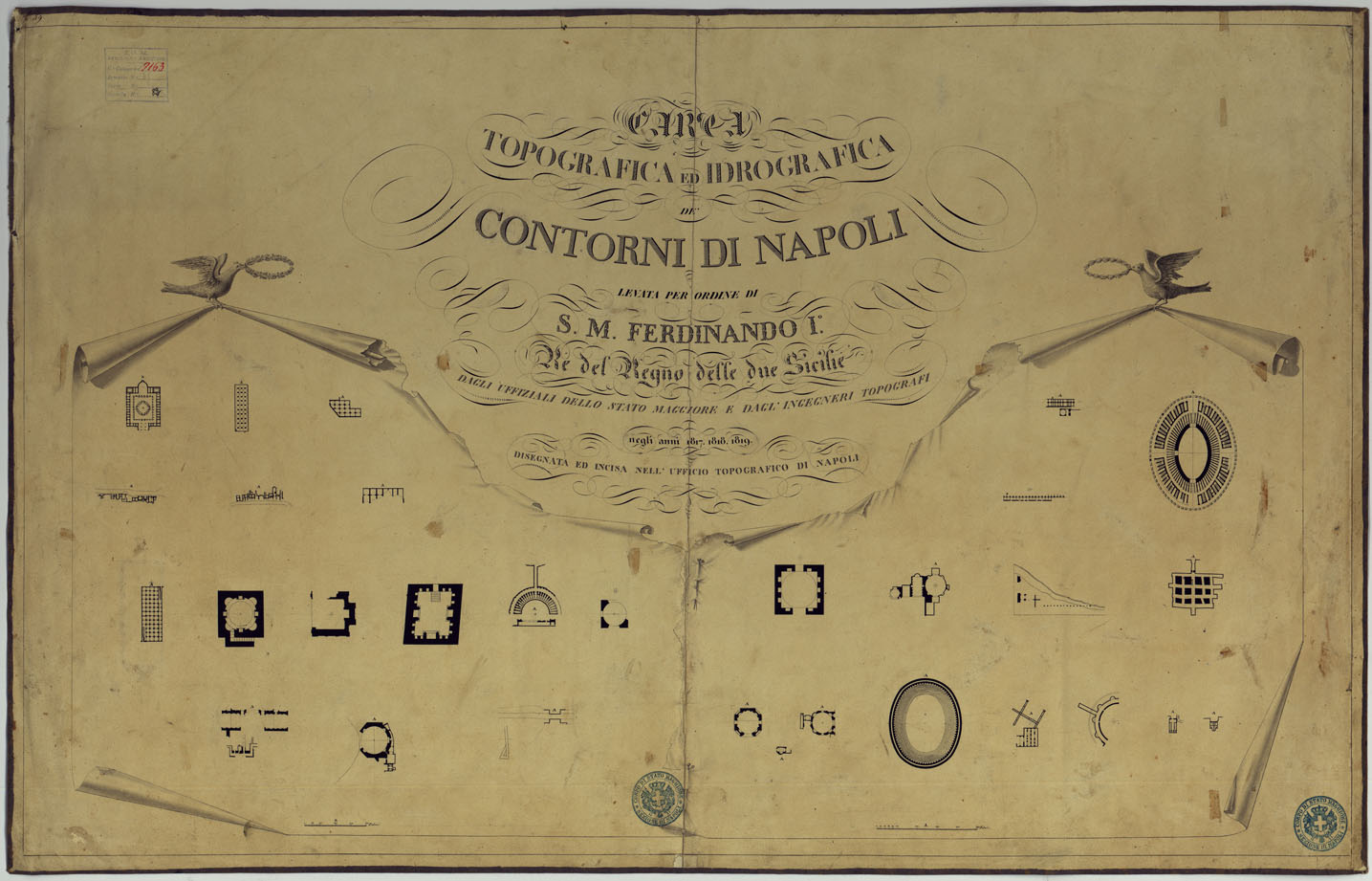 (N:9875) Carta Topografica ed Idrografica dei contorni di Napoli levata per ordine di S.M. Ferdinando I Re del Regno delle Due Sicilie, disegnata ed incisa nell'Ufficio Topografico di Napoli - Titolo (CA006798) Carte e stampe antiche: riproduzione a colori su carta (formato A1)
