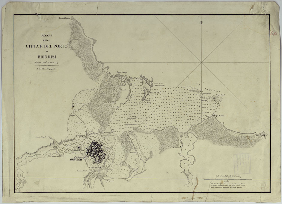 (N:436) PIANTA DELLA CITTA' E DEL PORTO DI BRINDISI LEVATO NELL'ANNO 1873. REALE OFFICIO TOPOGRAFICO. (CA007031) Carte e stampe antiche: riproduzione a colori su carta (formato A1)
