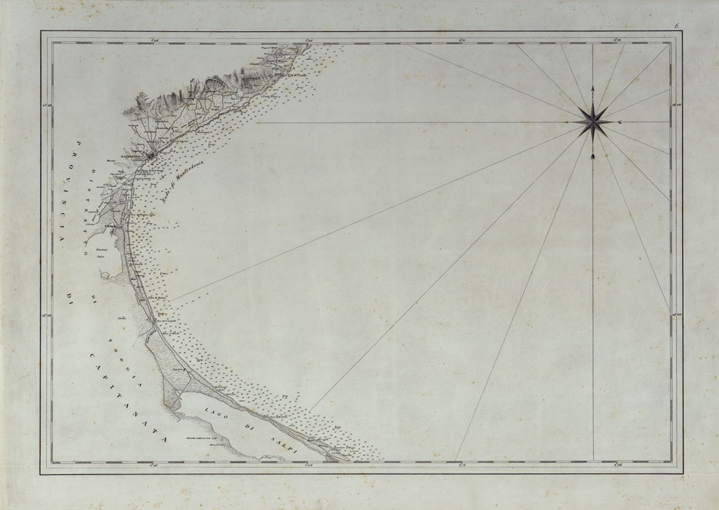 (N:25058) CARTA DI CABOTAGGIO DELLA COSTA DEL REGNO DELLE DUE SICILIE BAGNATA DALL'ADRIATICO DAL FIUME TRONTO AL CAPO DI S.TA MARIA DI LEUCA ESEGUITA NEL REALE OFFICIO TOPOGRAFICO. NAPOLI, 1834 - TAVOLA 6. (CA007039) Carte e stampe antiche: riproduzione a colori su carta (formato A1)