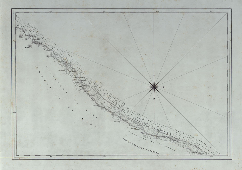 (N:25061) CARTA DI CABOTAGGIO DELLA COSTA DEL REGNO DELLE DUE SICILIE BAGNATA DALL'ADRIATICO DAL FIUME TRONTO AL CAPO DI S.TA MARIA DI LEUCA ESEGUITA NEL REALE OFFICIO TOPOGRAFICO. NAPOLI, 1834 - TAVOLA 9. (CA007042) Carte e stampe antiche: riproduzione a colori su carta (formato A1)
