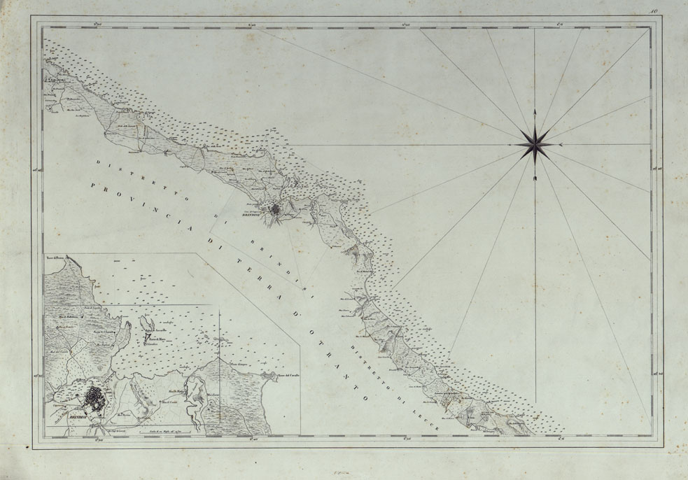 (N:25062) CARTA DI CABOTAGGIO DELLA COSTA DEL REGNO DELLE DUE SICILIE BAGNATA DALL'ADRIATICO DAL FIUME TRONTO AL CAPO DI S.TA MARIA DI LEUCA ESEGUITA NEL REALE OFFICIO TOPOGRAFICO. NAPOLI, 1834 - TAVOLA 10. (CA007043) Carte e stampe antiche: riproduzione a colori su carta (formato A1)