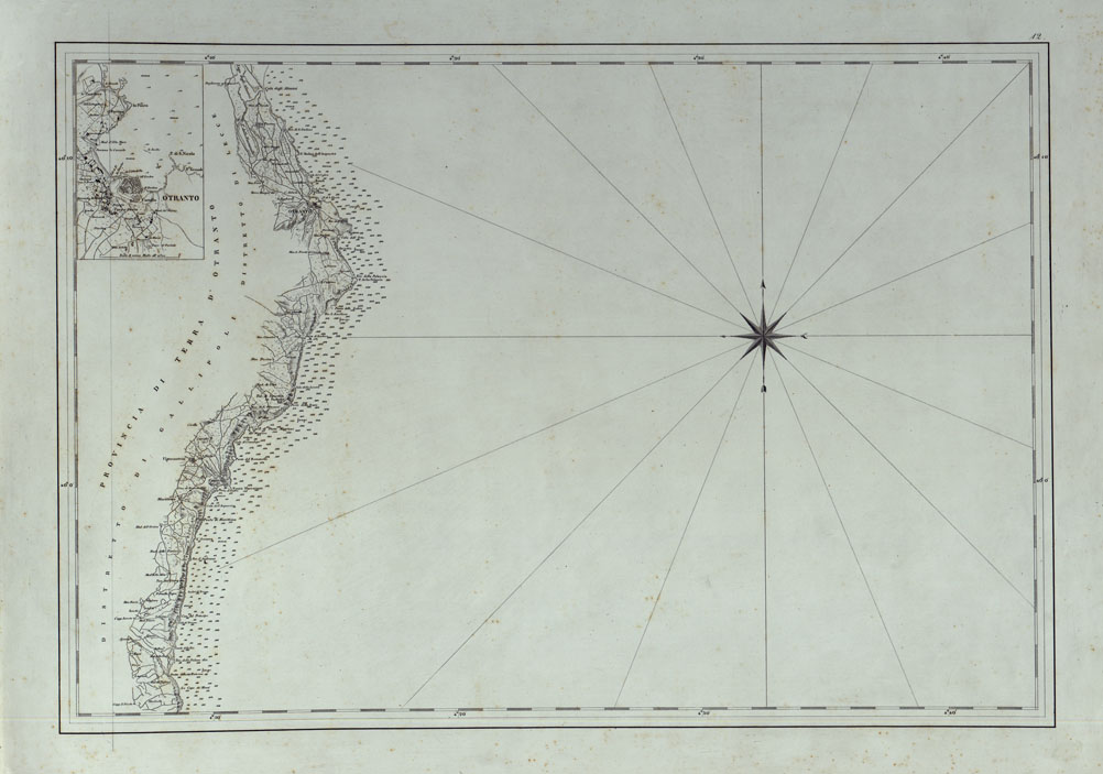 (N:25064) CARTA DI CABOTAGGIO DELLA COSTA DEL REGNO DELLE DUE SICILIE BAGNATA DALL'ADRIATICO DAL FIUME TRONTO AL CAPO DI S.TA MARIA DI LEUCA ESEGUITA NEL REALE OFFICIO TOPOGRAFICO. NAPOLI, 1834 - TAVOLA 12. (CA007045) Carte e stampe antiche: riproduzione a colori su carta (formato A1)