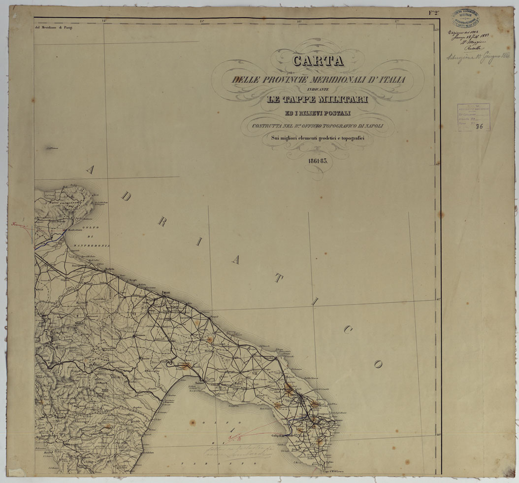 (N:3952) CARTA DELLE PROVINCIE MERIDIONALI D'ITALIA INDICANTE LE TAPPE MILITARI ED I RILIEVI POSTALI COSTRUTTA NEL R.LE OFFICIO TOPOGRAFICO DI NAPOLI SUI MIGLIORI ELEMENTI GEODETICI E TOPOGRAFICI - FOGLIO 2. (CA007086) Carte e stampe antiche: riproduzione a colori su carta (formato A1)