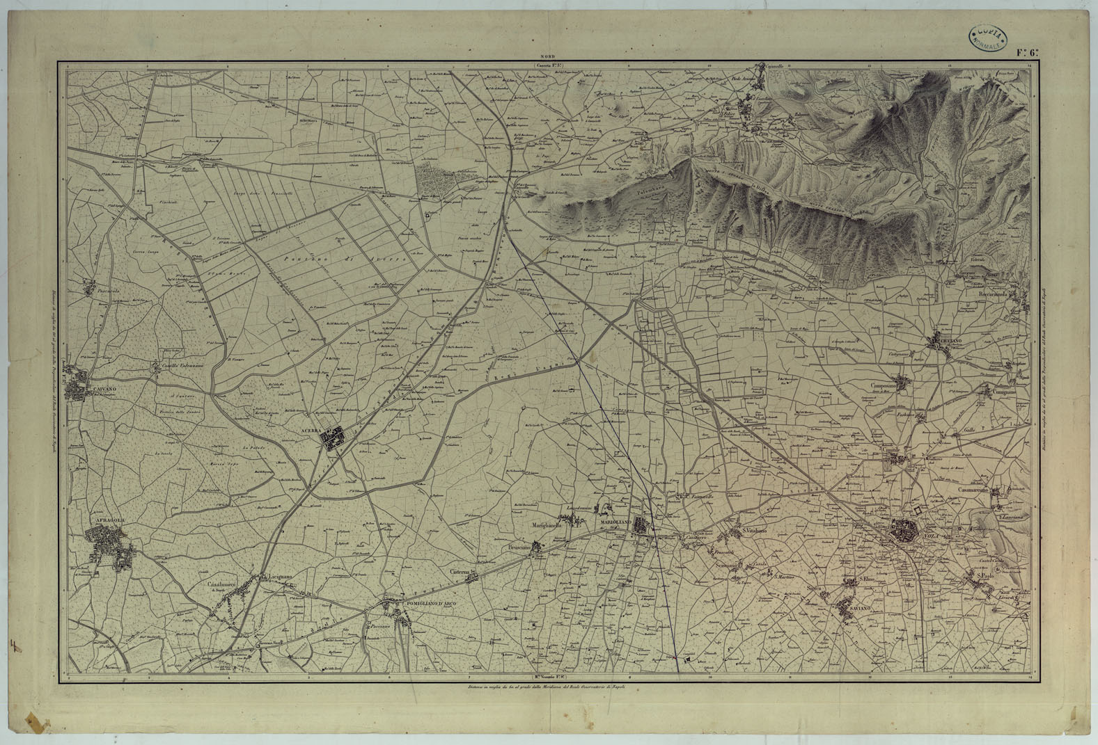 (N:9113) CARTA TOPOGRAFICA ED IDROGRAFICA DEI CONTORNI DI NAPOLI LEVATA PER ORDINE DI S.M. FERDINANDO I RE DEL REGNO DELLE DUE SICILIE DAGLI UFFIZIALI DELLO STATO MAGGIORE E DALL'INGEGNERI TOPOGRAFI NEGLI ANNI 1817-1818-1819 - FOGLIO 6. (CA007117, CA007118) Carte e stampe antiche: riproduzione a colori su carta (formato A1)