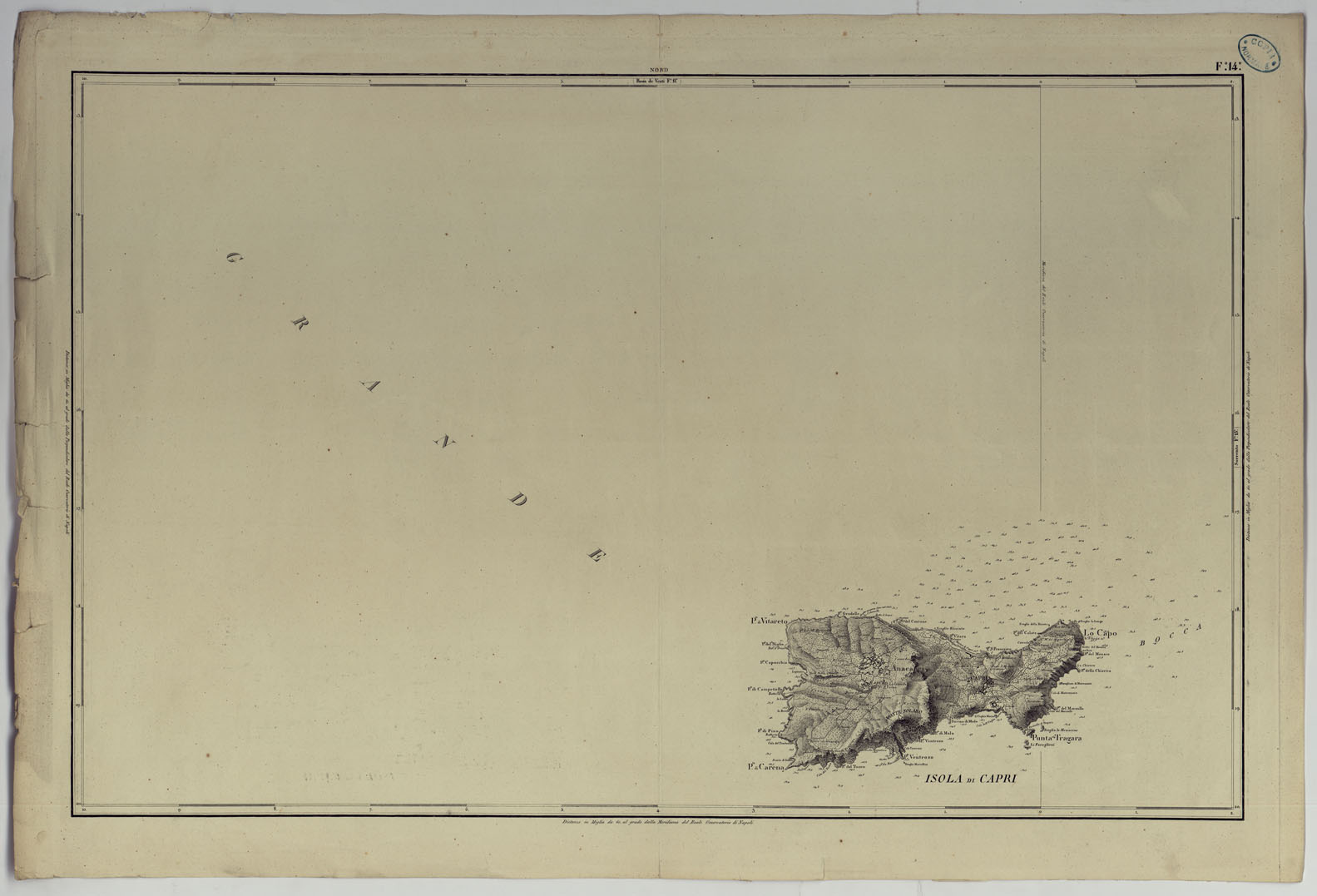 (N:9106) CARTA TOPOGRAFICA ED IDROGRAFICA DEI CONTORNI DI NAPOLI LEVATA PER ORDINE DI S.M. FERDINANDO I RE DEL REGNO DELLE DUE SICILIE DAGLI UFFIZIALI DELLO STATO MAGGIORE E DALL'INGEGNERI TOPOGRAFI NEGLI ANNI 1817-1818-1819 - FOGLIO 14. (CA007126) Carte e stampe antiche: riproduzione a colori su carta (formato A1)