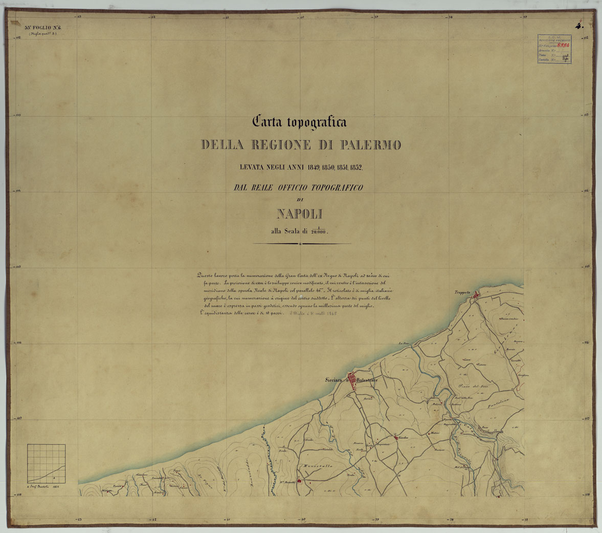 (N:14675) CARTA TOPOGRAFICA DELLA REGIONE DI PALERMO LEVATA DAL REALE OFFICIO TOPOGRAFICO DI NAPOLI - Foglio 4 Titolo, Balestrate, Trappeto (CA007188) Carte e stampe antiche: riproduzione a colori su carta (formato A1)