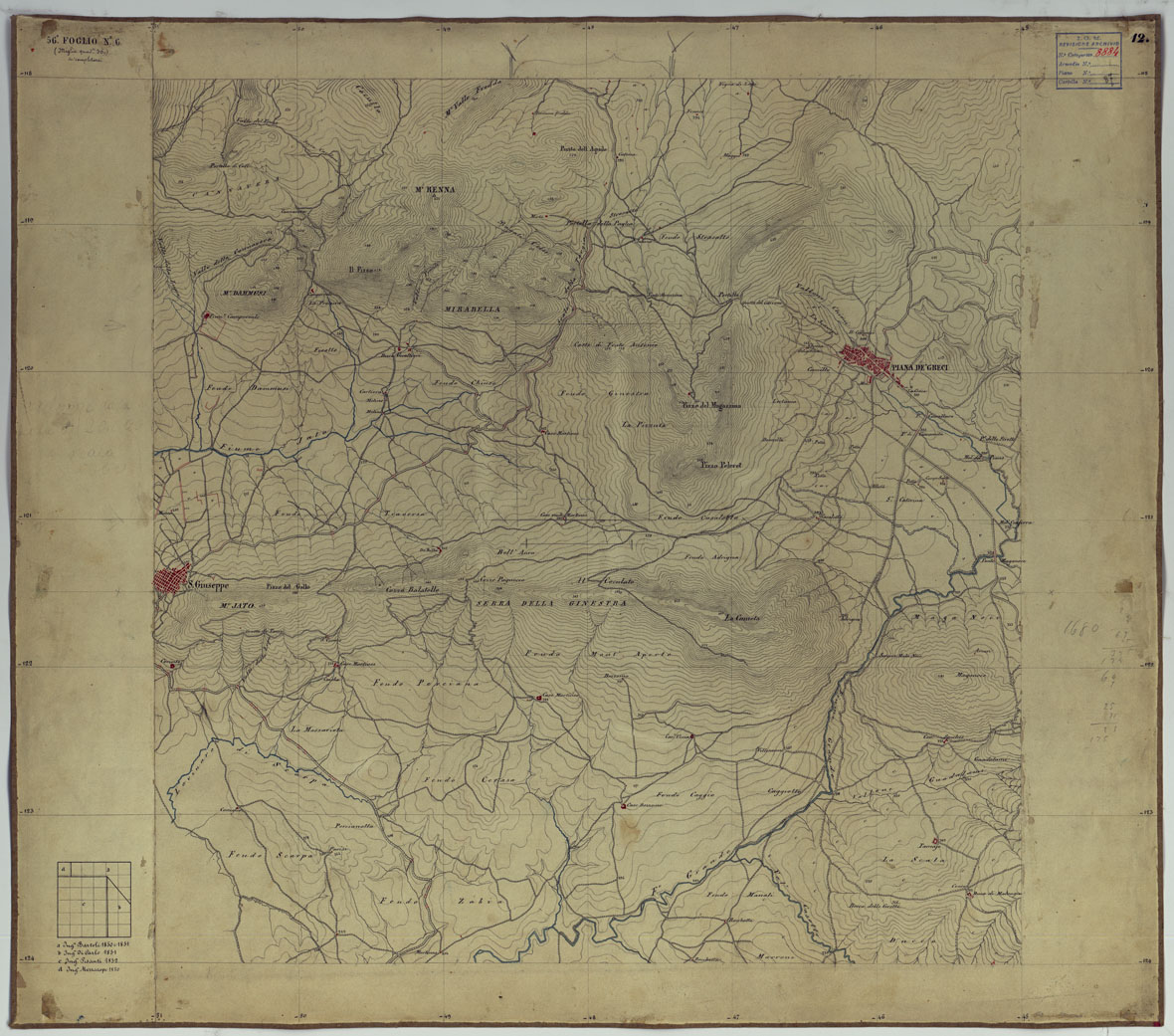 (N:14658) CARTA TOPOGRAFICA DELLA REGIONE DI PALERMO LEVATA DAL REALE OFFICIO TOPOGRAFICO DI NAPOLI - Foglio 12 Piana degli Albanesi, San Giuseppe Jato (CA007196) Carte e stampe antiche: riproduzione a colori su carta (formato A1)