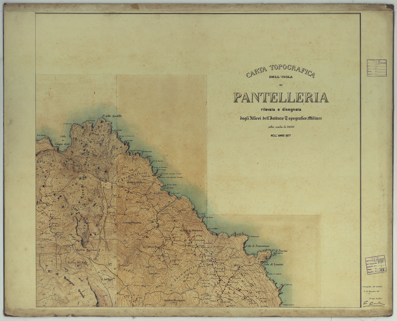 (N:5274) CARTA TOPOGRAFICA DELL'ISOLA DI PANTELLERIA RILEVATA E DISEGNATA DAGLI ALLIEVI DELL'ISTITUTO TOPOGRAFICO MILITARE ALLA SCALA DI 1:10.000 NELL'ANNO 1877 - FOGLIO 2. (CA007374) Carte e stampe antiche: riproduzione a colori su carta (formato A1)