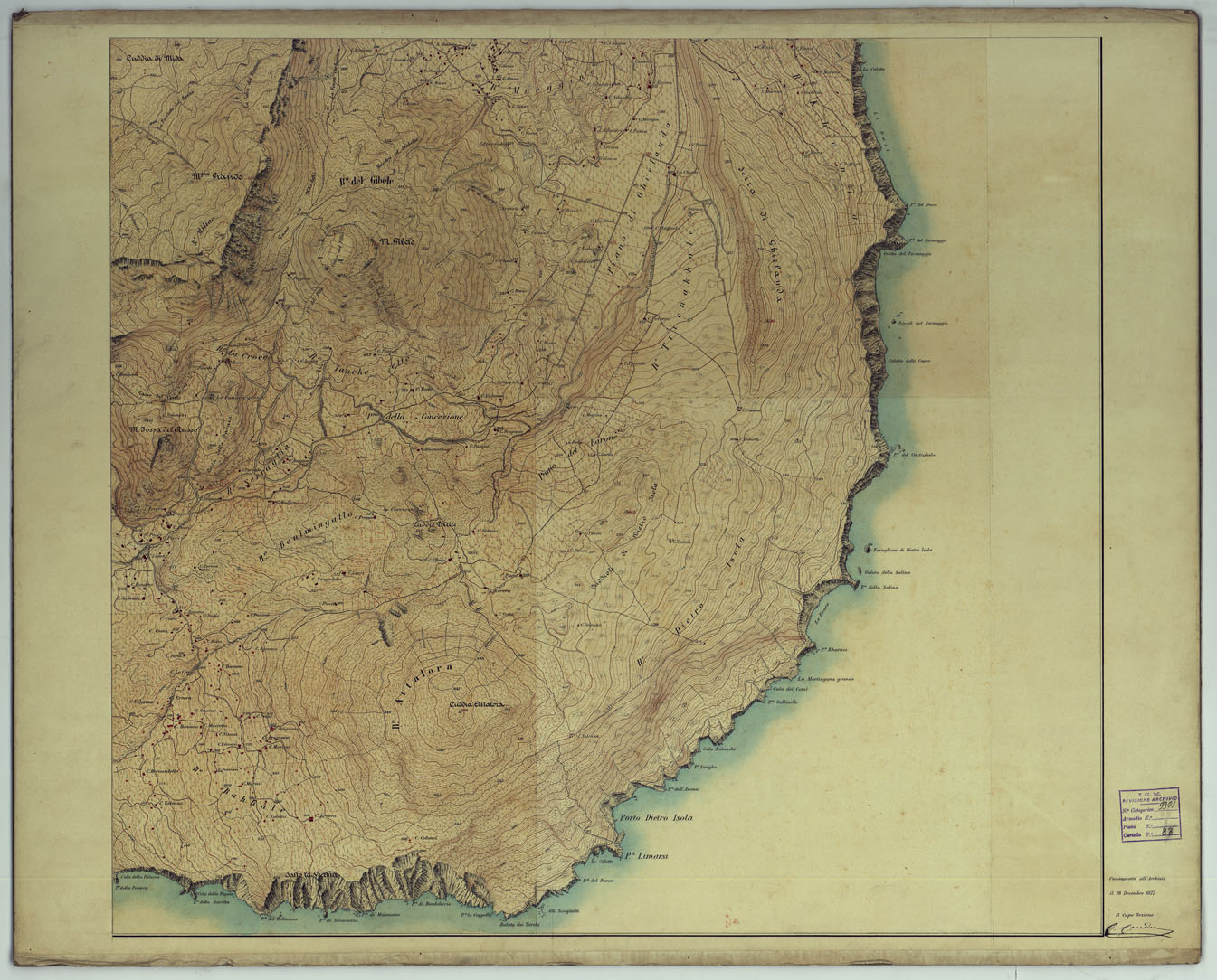 (N:13122) CARTA TOPOGRAFICA DELL'ISOLA DI PANTELLERIA RILEVATA E DISEGNATA DAGLI ALLIEVI DELL'ISTITUTO TOPOGRAFICO MILITARE ALLA SCALA DI 1:10.000 NELL'ANNO 1877 - FOGLIO 4. (CA007376) Carte e stampe antiche: riproduzione a colori su carta (formato A1)