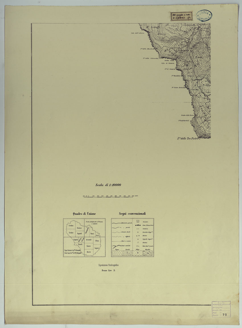 (N:25099) CARTA TOPOGRAFICA DELL'ISOLA DI PANTELLERIA RILEVATA E DISEGNATA DAGLI ALLIEVI DELL'ISTITUTO TOPOGRAFICO MILITARE ALLA SCALA DI 1:10.000 NELL'ANNO 1877 COPIA AL CORRENTE A TUTTO IL 1 FEBBRAIO 1893 - FOGLIO 3 PARTE 1-2. (CA007389, CA007390) Carte e stampe antiche: riproduzione a colori su carta (formato A1)