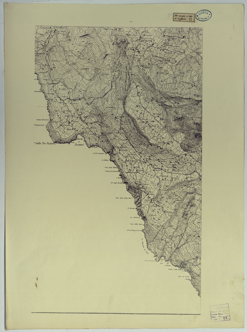 (N:25099) CARTA TOPOGRAFICA DELL'ISOLA DI PANTELLERIA RILEVATA E DISEGNATA DAGLI ALLIEVI DELL'ISTITUTO TOPOGRAFICO MILITARE ALLA SCALA DI 1:10.000 NELL'ANNO 1877 COPIA AL CORRENTE A TUTTO IL 1 FEBBRAIO 1893 - FOGLIO 3 PARTE 1-2. (CA007389, CA007390) Carte e stampe antiche: riproduzione a colori su carta (formato A1)