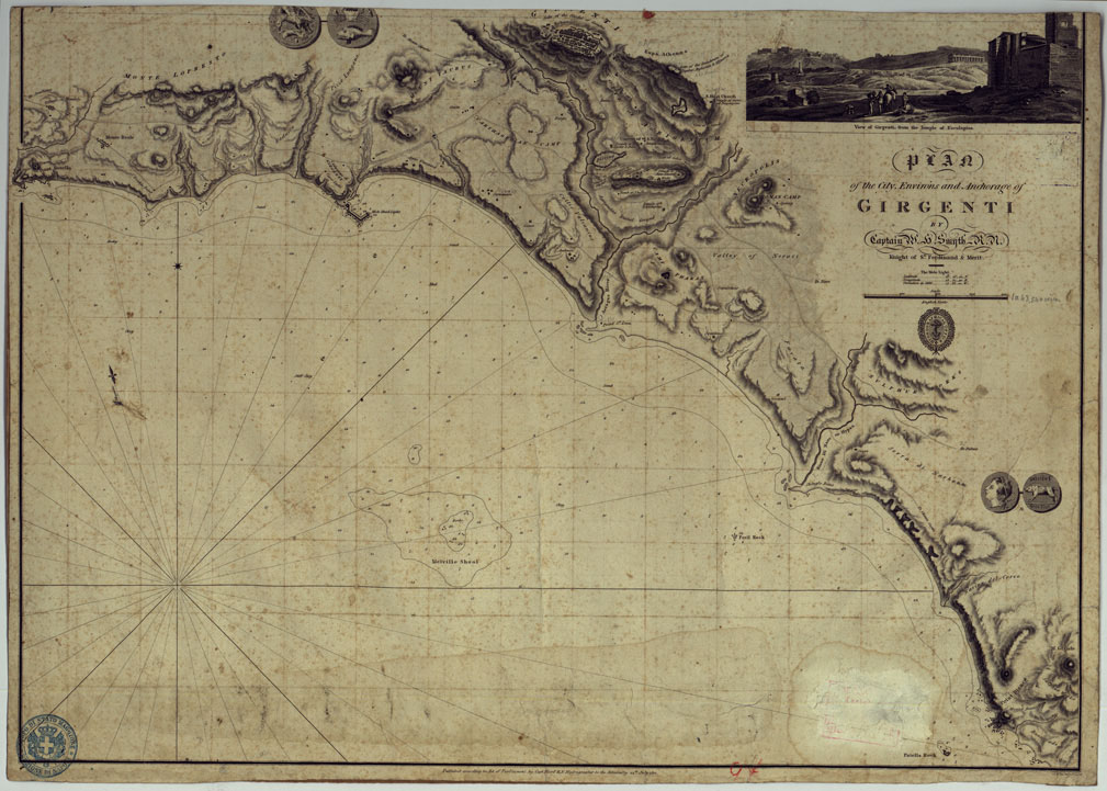 (N:10408) PLAN OF THE CITY ENVIRONS AND ANCHORAGE OF GIRGENTI BY CAPTAIN W. H. SMYTH, R.M. KNIGHT OF S.T. FERDINAND E MERIT. (CA007407) Carte e stampe antiche: riproduzione a colori su carta (formato A1)