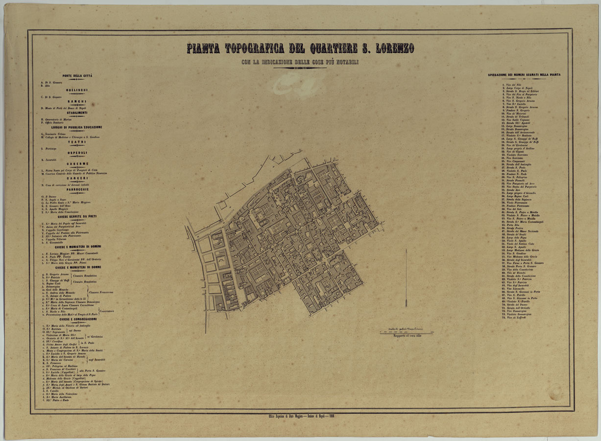 (N:1426) CARTA DEI DODICI QUARTIERI DI NAPOLI - PIANTA TOPOGRAFICA DEL QUARTIERE S.LORENZO CON LA INDICAZIONE DELLE COSE PIU' NOTABILI. (CA007489) Carte e stampe antiche: riproduzione a colori su carta (formato A1)