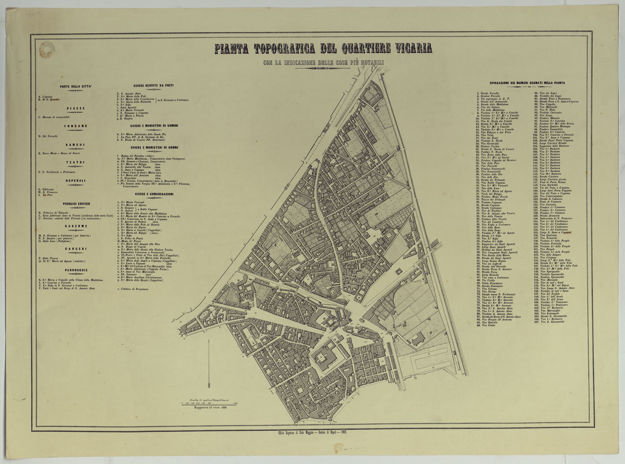 (N:1428) CARTA DEI DODICI QUARTIERI DI NAPOLI - PIANTA TOPOGRAFICA DEL QUARTIERE VICARIA CON LA INDICAZIONE PIU' NOTABILI. (CA007490) Carte e stampe antiche: riproduzione a colori su carta (formato A1)