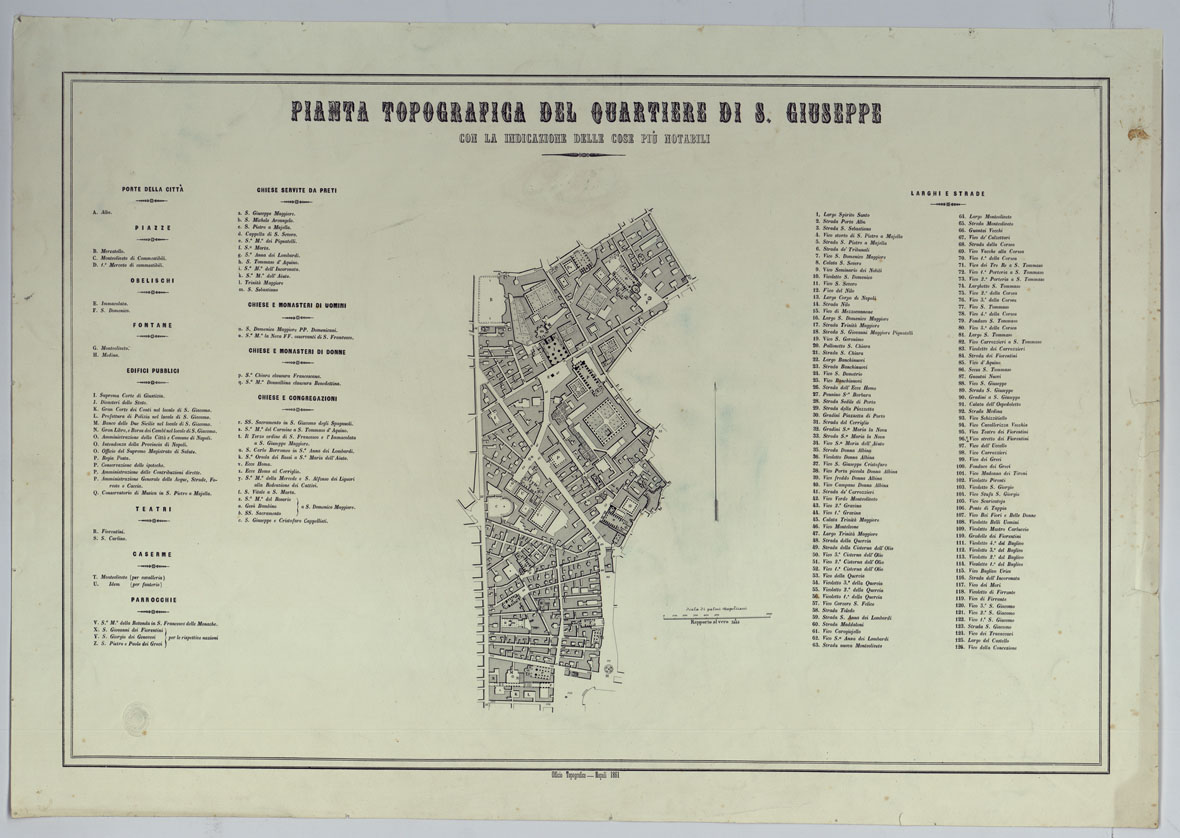(N:1420) CARTA DEI DODICI QUARTIERI DI NAPOLI - PIANTA TOPOGRAFICA DEL QUARTIERE DI S. GIUSEPPE CON LA INDICAZIONE DELLE COSE PIU' NOTABILI. (CA007492) Carte e stampe antiche: riproduzione a colori su carta (formato A1)