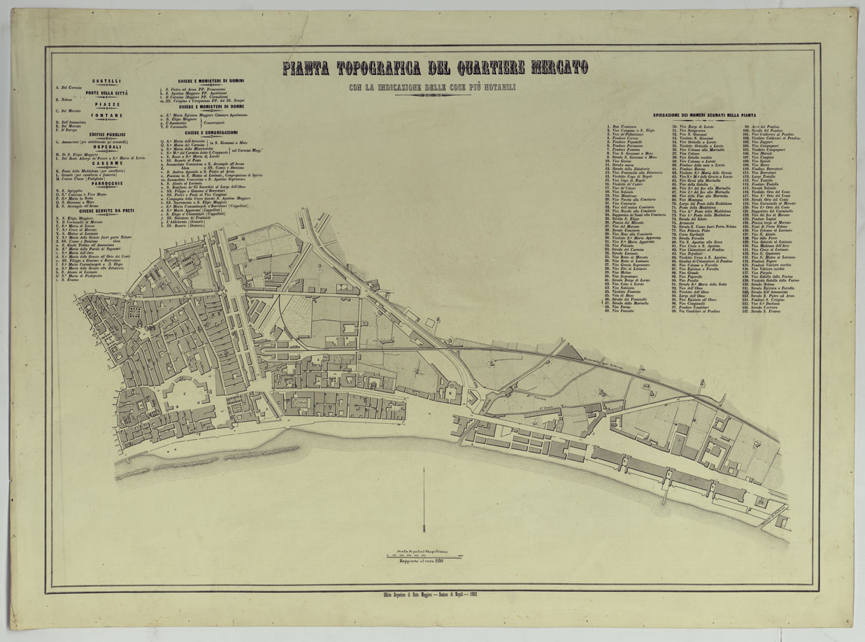 (N:1422) CARTA DEI DODICI QUARTIERI DI NAPOLI - PIANTA TOPOGRAFICA DEL QUARTIERE MERCATO CON LA INDICAZIONE DELLE COSE PIU' NOTABILI. (CA007494) Carte e stampe antiche: riproduzione a colori su carta (formato A1)