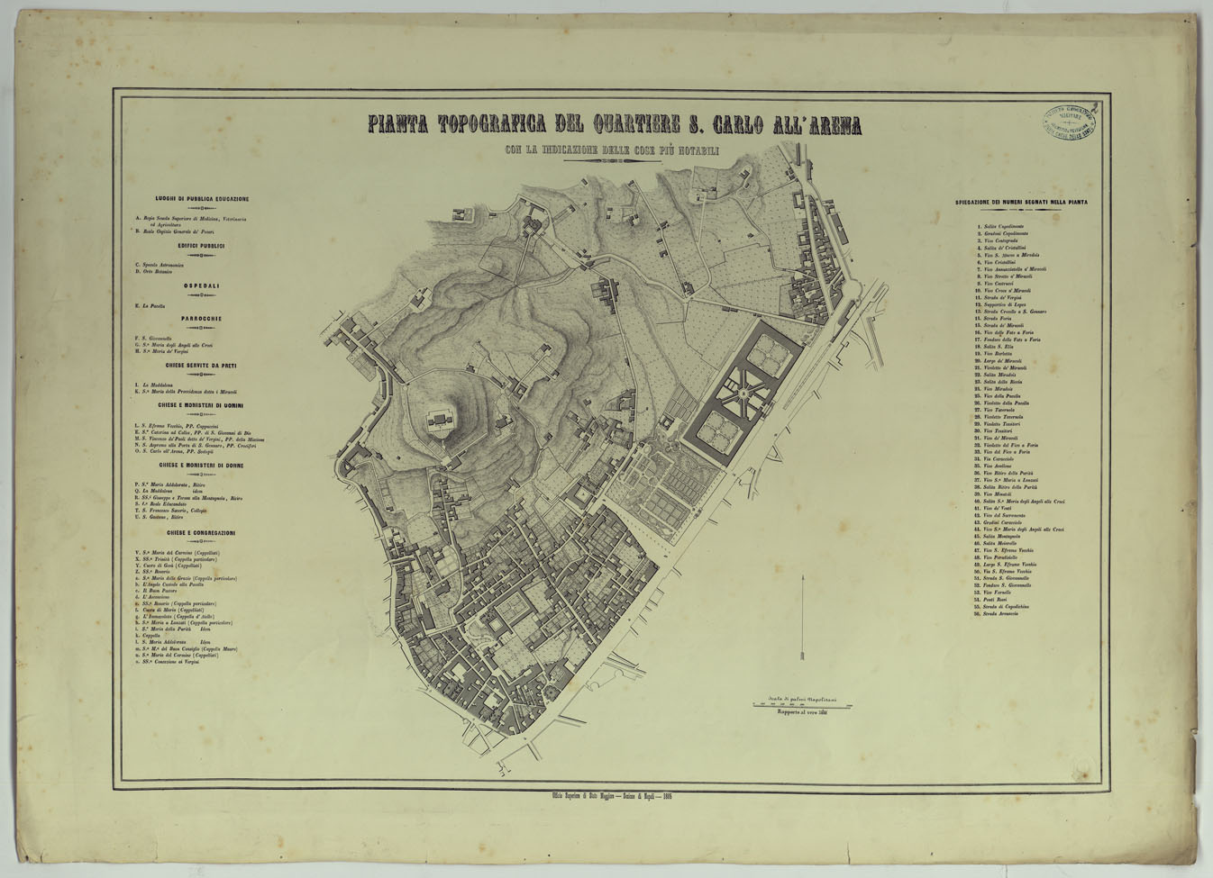 (N:25146) CARTA DEI DODICI QUARTIERI DI NAPOLI - PIANTA TOPOGRAFICA DEL QUARTIERE S. CARLO ALL'ARENA CON LA INDICAZIONE DELLE COSE PIU' NOTABILI. (CA007499) Carte e stampe antiche: riproduzione a colori su carta (formato A1)