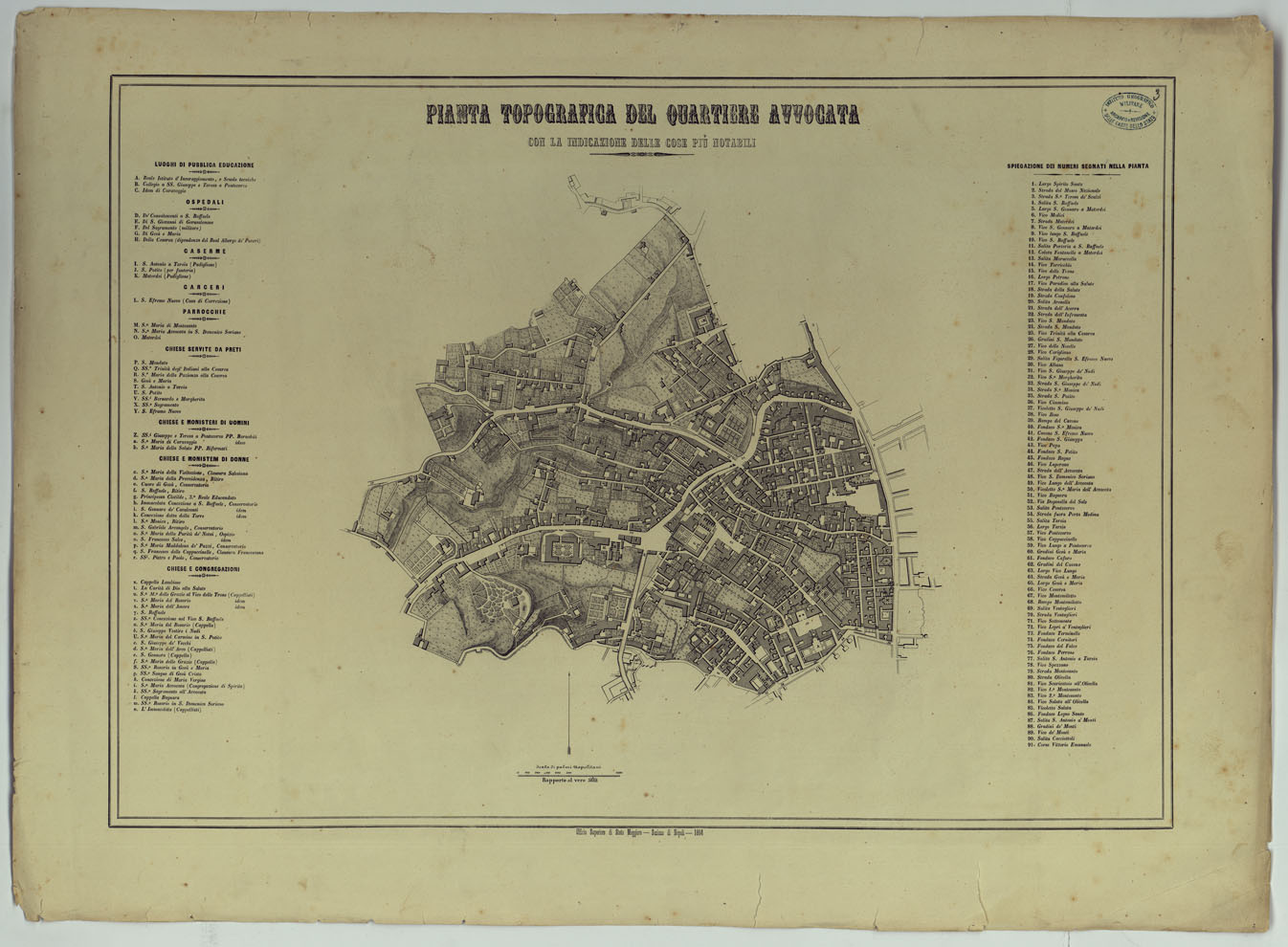 (N:25147) CARTA DEI DODICI QUARTIERI DI NAPOLI - PIANTA TOPOGRAFICA DEL QUARTIERE AVVOCATA CON LA INDICAZIONE DELLE COSE PIU' NOTABILI. (CA007500) Carte e stampe antiche: riproduzione a colori su carta (formato A1)