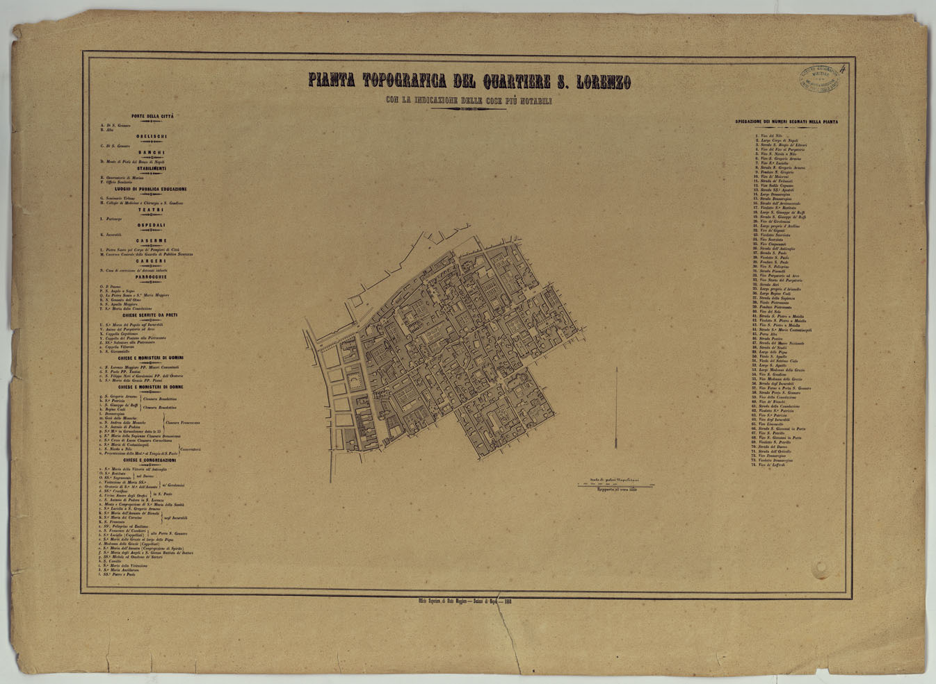 (N:25148) CARTA DEI DODICI QUARTIERI DI NAPOLI - PIANTA TOPOGRAFICA DEL QUARTIERE S. LORENZO CON LA INDICAZIONE DELLE COSE PIU' NOTABILI. (CA007501) Carte e stampe antiche: riproduzione a colori su carta (formato A1)