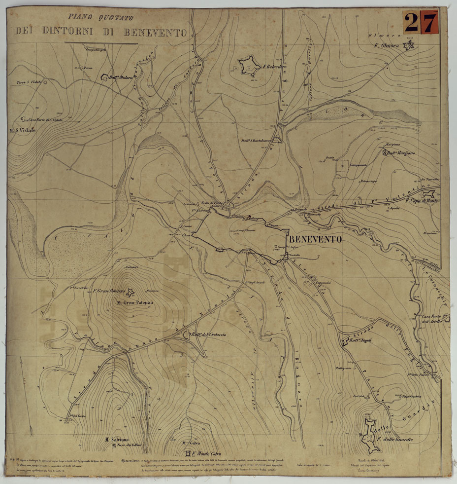 (N:25190) PIANO QUOTATO DEI DINTORNI DI BENEVENTO COPIA E RETRO CON SCRITTO "TELA DI FAMIGLIA PRIMA". (CA007569, CA007570) Carte e stampe antiche: riproduzione a colori su carta (formato A1)