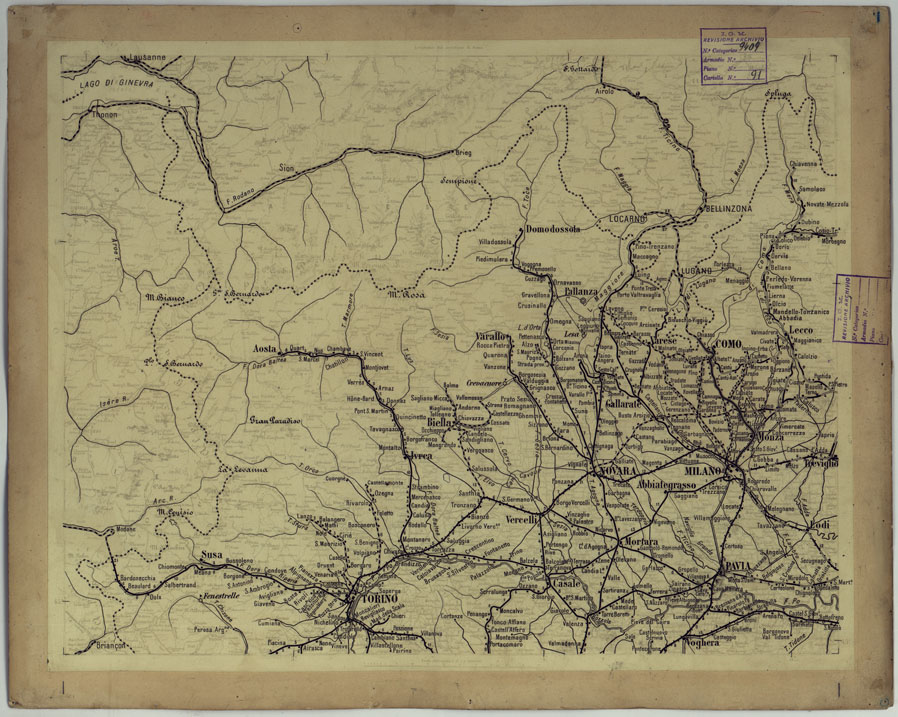 (N:17145) CARTA DELLE FERROVIE E LINEE DI NAVIGAZIONE DEL REGNO D'ITALIA - Foglio I (CA007694) Carte e stampe antiche: riproduzione a colori su carta (formato A1)