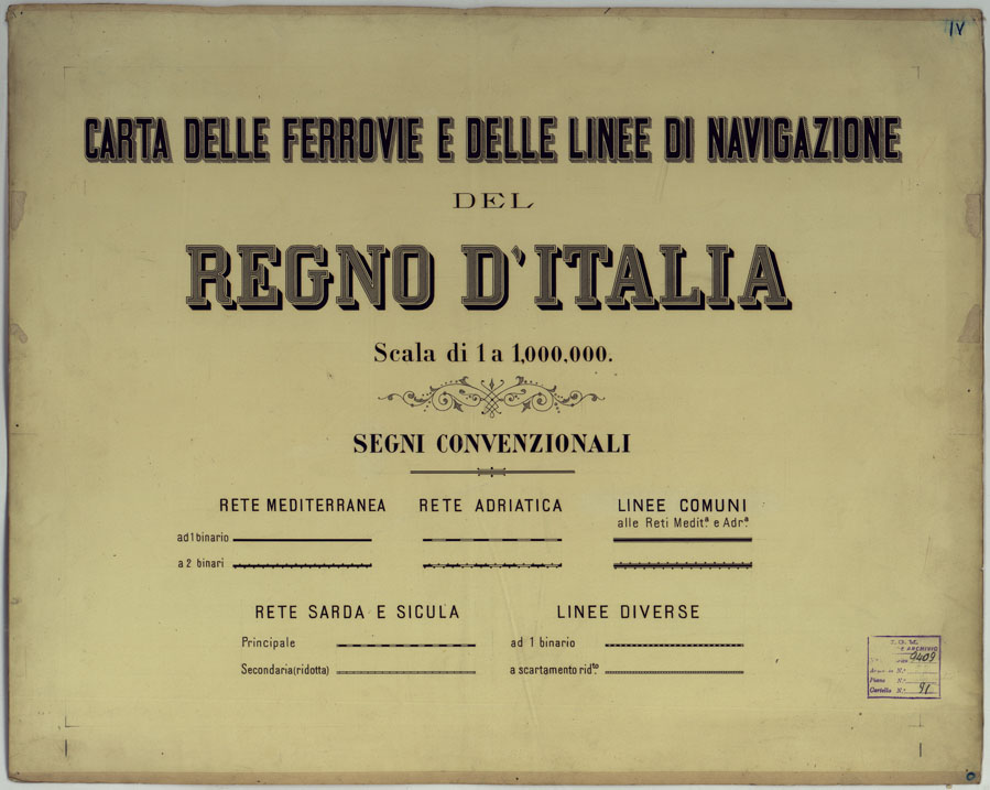 (N:17148) CARTA DELLE FERROVIE E LINEE DI NAVIGAZIONE DEL REGNO D'ITALIA - Foglio IV -Titolo e Segni Convenzionali (CA007697) Carte e stampe antiche: riproduzione a colori su carta (formato A1)