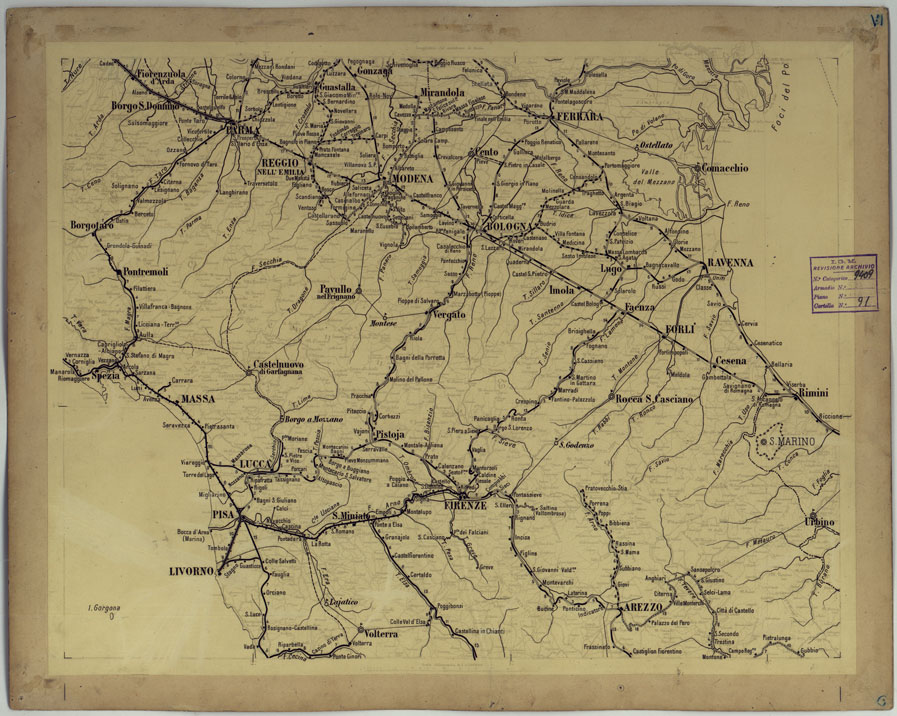 (N:17150) CARTA DELLE FERROVIE E LINEE DI NAVIGAZIONE DEL REGNO D'ITALIA - Foglio VI (CA007699) Carte e stampe antiche: riproduzione a colori su carta (formato A1)