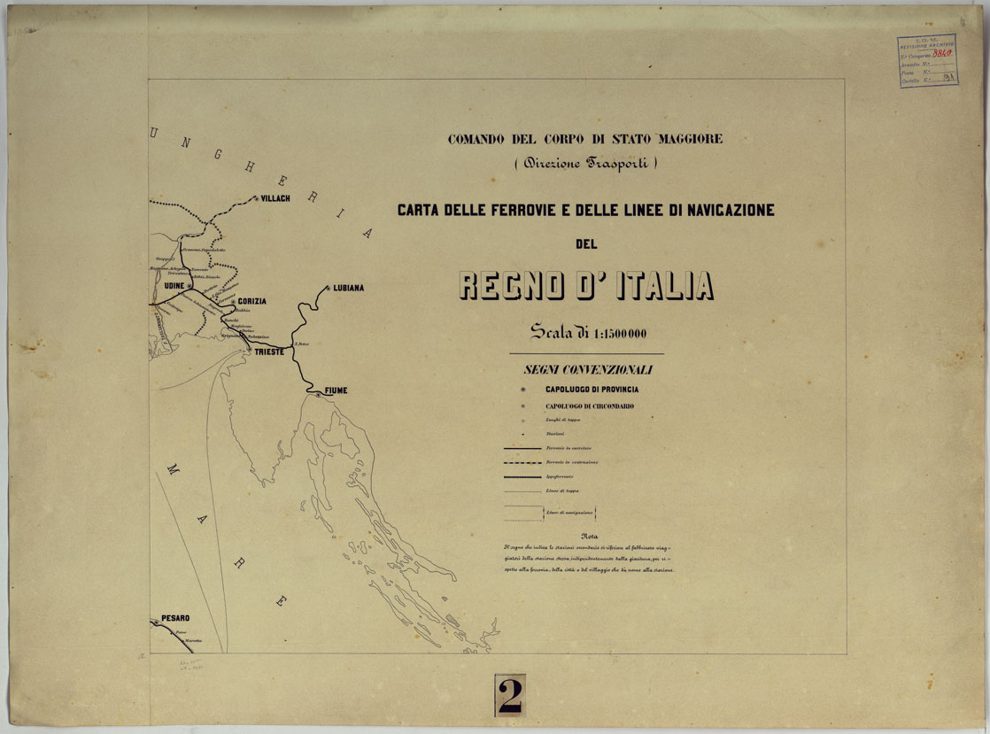 (N:17172) CARTA DELLE FERROVIE E LINEE DI NAVIGAZIONE DEL REGNO D'ITALIA - Foglio 1 -Titolo - Segni convenzionali (CA007719) Carte e stampe antiche: riproduzione a colori su carta (formato A1)