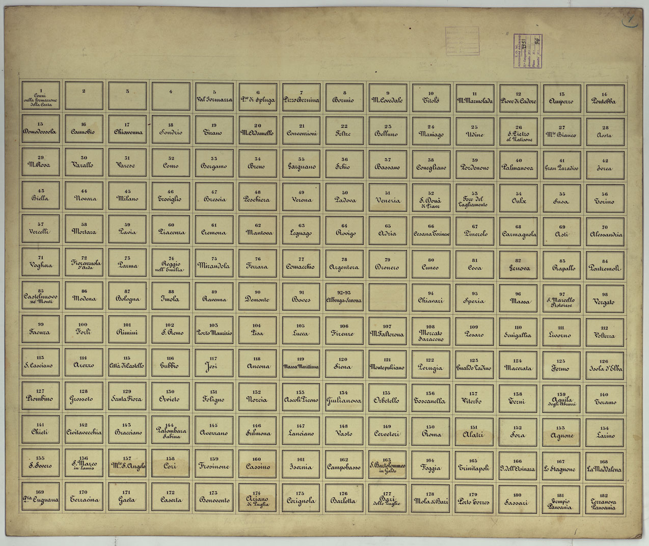(N:17229) STAMPA DEI CARTELLINI CON NOMI E NUMERI PER I FOGLI A 1:25.000 - 1:50.000 - 1:100.000 (CA007779, CA007780, CA007781, CA007782, CA007783, CA007784, CA007785, CA007786, CA007787, CA007788, CA007789, CA007790, CA007791) Carte e stampe antiche: riproduzione a colori su carta (formato A1)