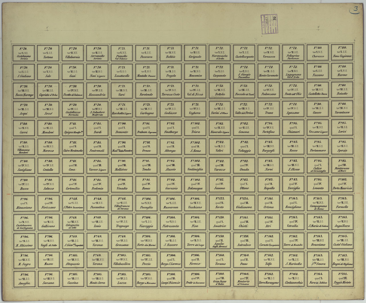 (N:17229) STAMPA DEI CARTELLINI CON NOMI E NUMERI PER I FOGLI A 1:25.000 - 1:50.000 - 1:100.000 (CA007779, CA007780, CA007781, CA007782, CA007783, CA007784, CA007785, CA007786, CA007787, CA007788, CA007789, CA007790, CA007791) Carte e stampe antiche: riproduzione a colori su carta (formato A1)