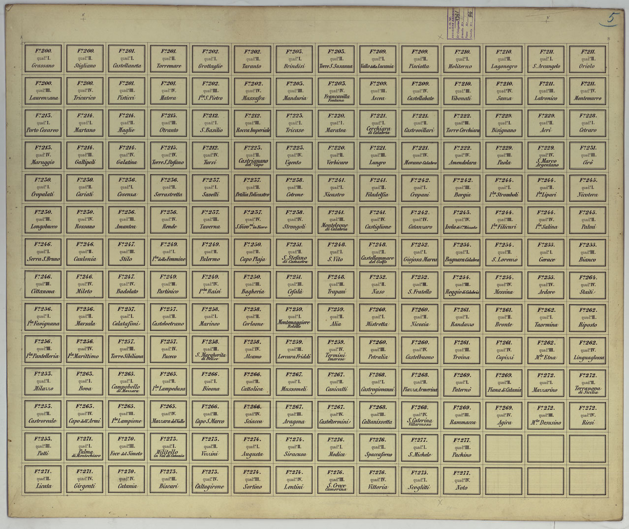 (N:17229) STAMPA DEI CARTELLINI CON NOMI E NUMERI PER I FOGLI A 1:25.000 - 1:50.000 - 1:100.000 (CA007779, CA007780, CA007781, CA007782, CA007783, CA007784, CA007785, CA007786, CA007787, CA007788, CA007789, CA007790, CA007791) Carte e stampe antiche: riproduzione a colori su carta (formato A1)