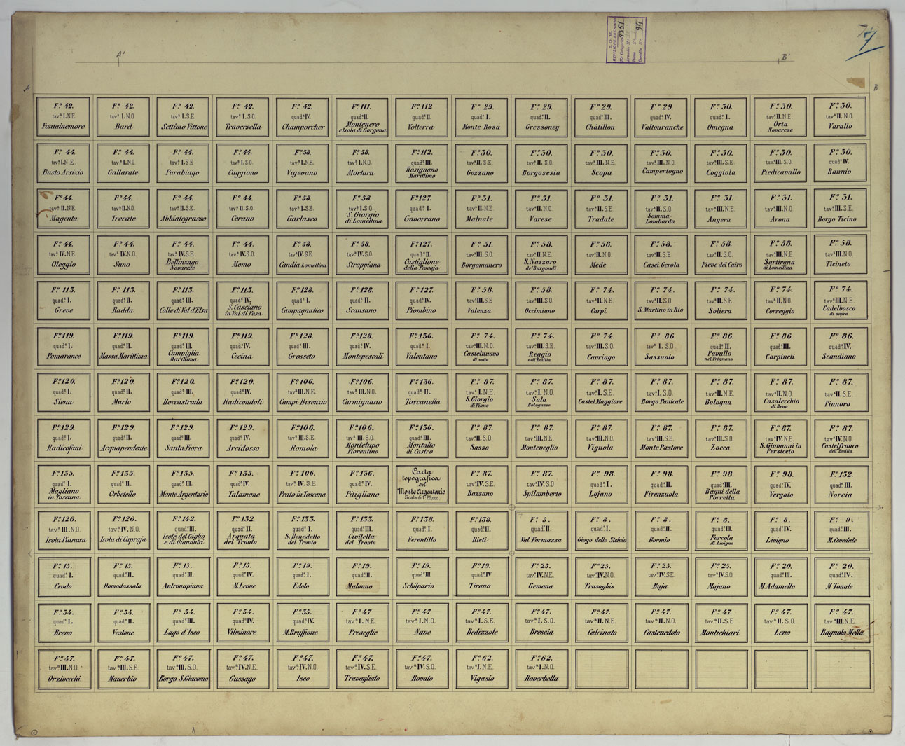 (N:17229) STAMPA DEI CARTELLINI CON NOMI E NUMERI PER I FOGLI A 1:25.000 - 1:50.000 - 1:100.000 (CA007779, CA007780, CA007781, CA007782, CA007783, CA007784, CA007785, CA007786, CA007787, CA007788, CA007789, CA007790, CA007791) Carte e stampe antiche: riproduzione a colori su carta (formato A1)