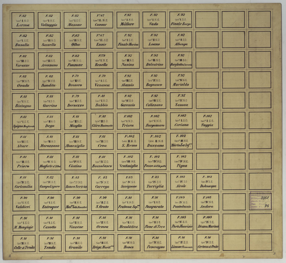 (N:17229) STAMPA DEI CARTELLINI CON NOMI E NUMERI PER I FOGLI A 1:25.000 - 1:50.000 - 1:100.000 (CA007779, CA007780, CA007781, CA007782, CA007783, CA007784, CA007785, CA007786, CA007787, CA007788, CA007789, CA007790, CA007791) Carte e stampe antiche: riproduzione a colori su carta (formato A1)