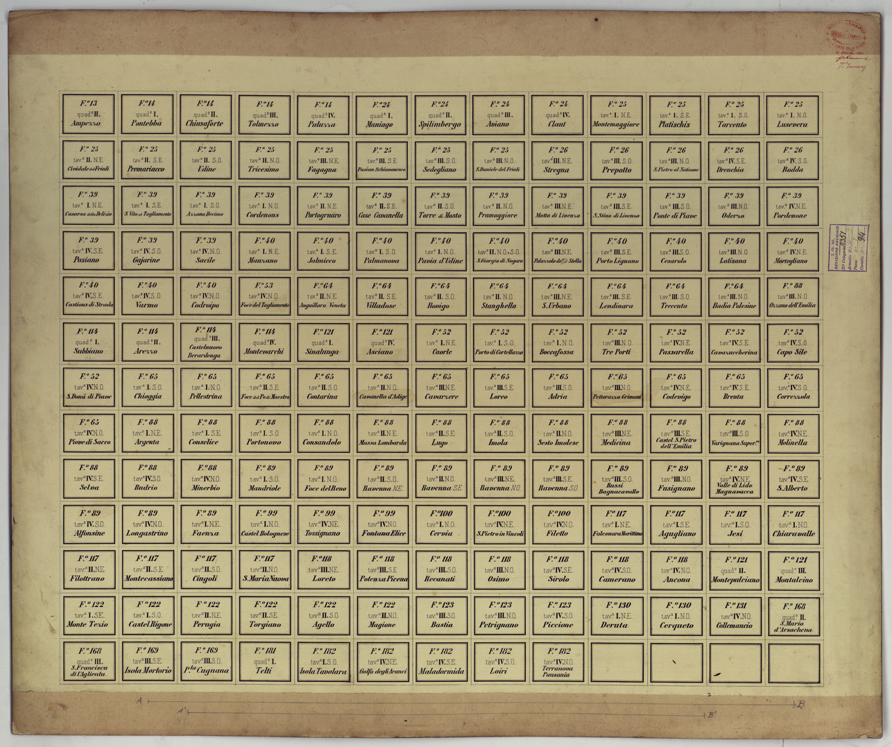 (N:17229) STAMPA DEI CARTELLINI CON NOMI E NUMERI PER I FOGLI A 1:25.000 - 1:50.000 - 1:100.000 (CA007779, CA007780, CA007781, CA007782, CA007783, CA007784, CA007785, CA007786, CA007787, CA007788, CA007789, CA007790, CA007791) Carte e stampe antiche: riproduzione a colori su carta (formato A1)