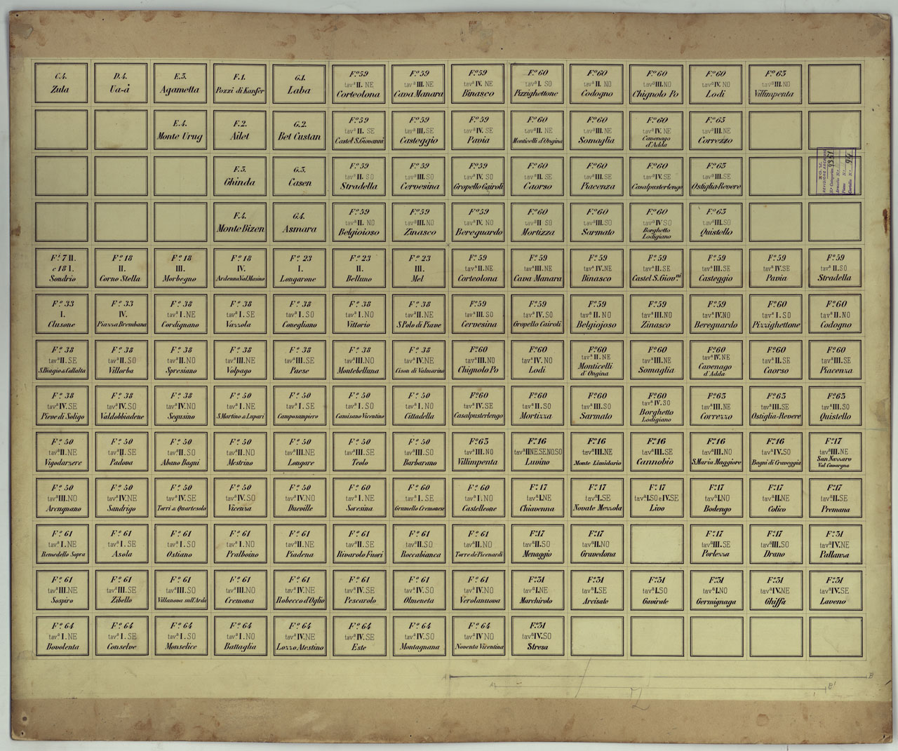 (N:17229) STAMPA DEI CARTELLINI CON NOMI E NUMERI PER I FOGLI A 1:25.000 - 1:50.000 - 1:100.000 (CA007779, CA007780, CA007781, CA007782, CA007783, CA007784, CA007785, CA007786, CA007787, CA007788, CA007789, CA007790, CA007791) Carte e stampe antiche: riproduzione a colori su carta (formato A1)
