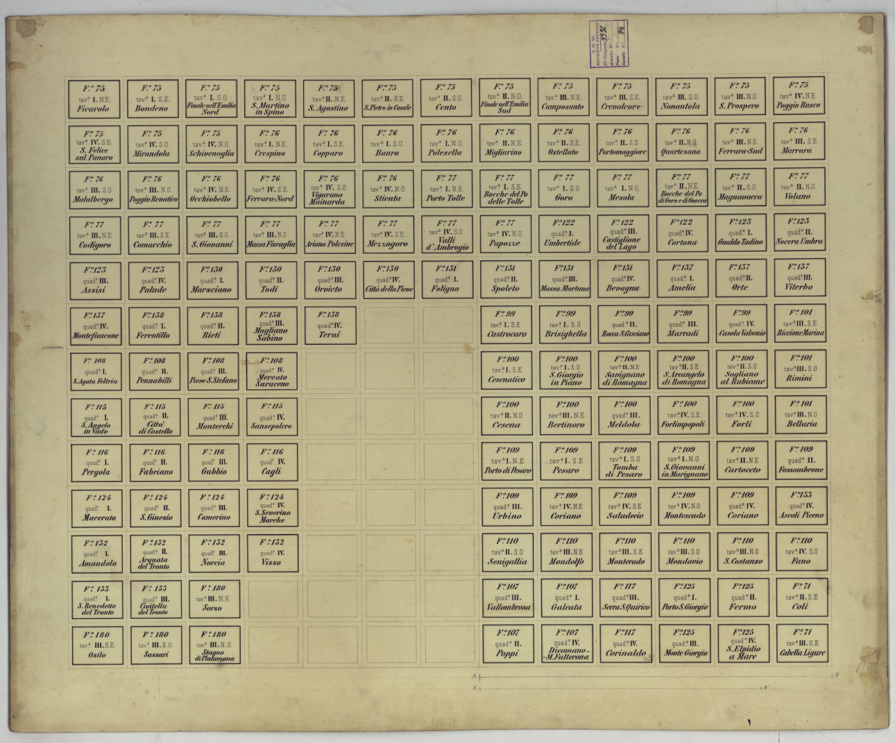 (N:17229) STAMPA DEI CARTELLINI CON NOMI E NUMERI PER I FOGLI A 1:25.000 - 1:50.000 - 1:100.000 (CA007779, CA007780, CA007781, CA007782, CA007783, CA007784, CA007785, CA007786, CA007787, CA007788, CA007789, CA007790, CA007791) Carte e stampe antiche: riproduzione a colori su carta (formato A1)