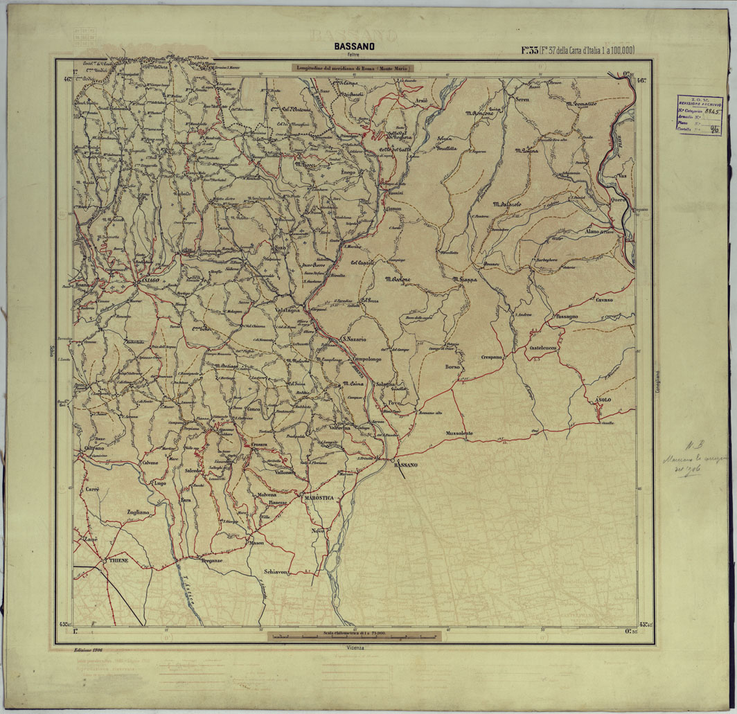 (N:17389) CARTA D'ITALIA DEGLI ALPINI - 2 Copia BASSANO Foglio n. 33 (CA007867) Carte e stampe antiche: riproduzione a colori su carta (formato A1)