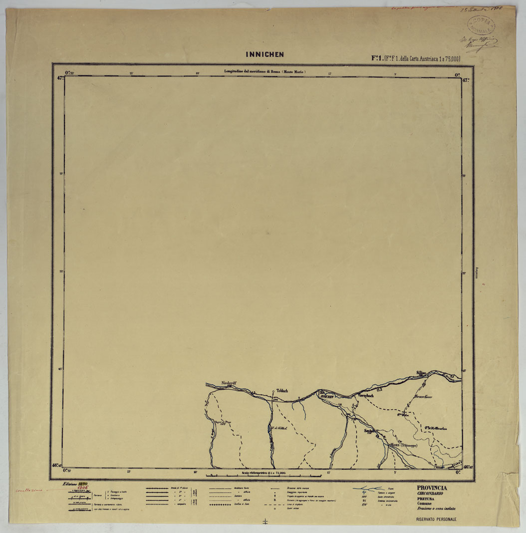 (N:25353) CARTA ITINERARIA D'ITALIA PER GLI ALPINI NORMALI D'ARCHIVIO CON AGGIORNAMENTO FINO AL 1910 EDIZIONE COMPLETA ANNO 1906 - FOGLIO 1 INNICHEN. (CA007876) Carte e stampe antiche: riproduzione a colori su carta (formato A1)