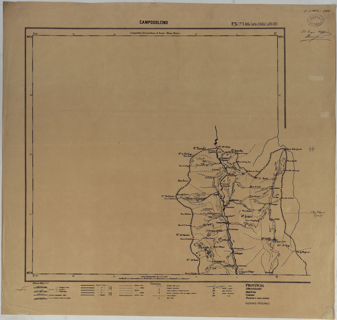 (N:25355) CARTA ITINERARIA D'ITALIA PER GLI ALPINI NORMALI D'ARCHIVIO CON AGGIORNAMENTO FINO AL 1910 EDIZIONE COMPLETA ANNO 1906 - FOGLIO 3 CAMPODOLCINO. (CA007878, CA007879) Carte e stampe antiche: riproduzione a colori su carta (formato A1)