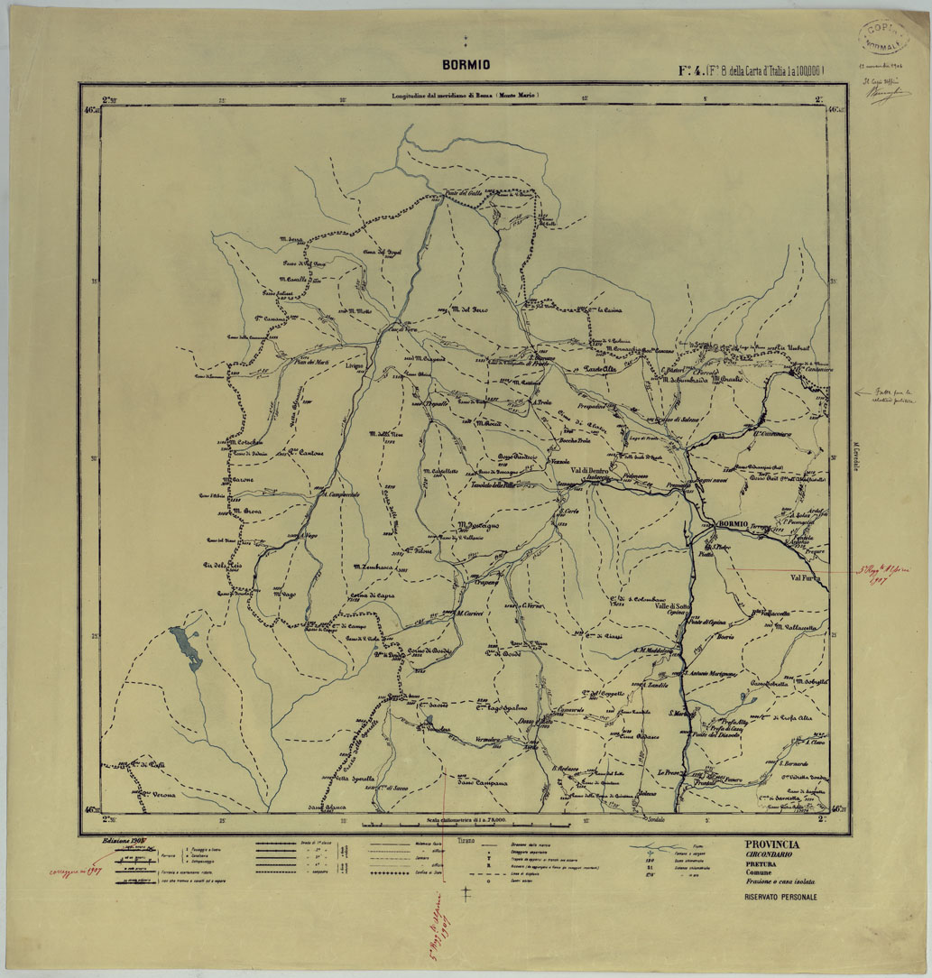 (N:25356) CARTA ITINERARIA D'ITALIA PER GLI ALPINI NORMALI D'ARCHIVIO CON AGGIORNAMENTO FINO AL 1910 EDIZIONE COMPLETA ANNO 1907 - FOGLIO 4 BORMIO. (CA007881, CA007882, CA007880) Carte e stampe antiche: riproduzione a colori su carta (formato A1)