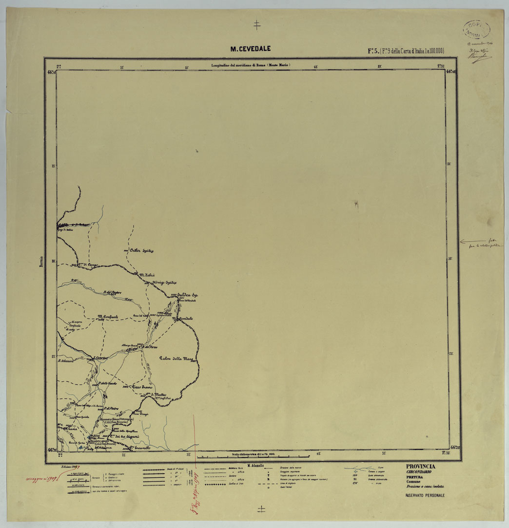 (N:25358) CARTA ITINERARIA D'ITALIA PER GLI ALPINI NORMALI D'ARCHIVIO CON AGGIORNAMENTO FINO AL 1910 EDIZIONE COMPLETA ANNO 1907 - FOGLIO 5 M. CEVEDALE. (CA007883, CA007884) Carte e stampe antiche: riproduzione a colori su carta (formato A1)