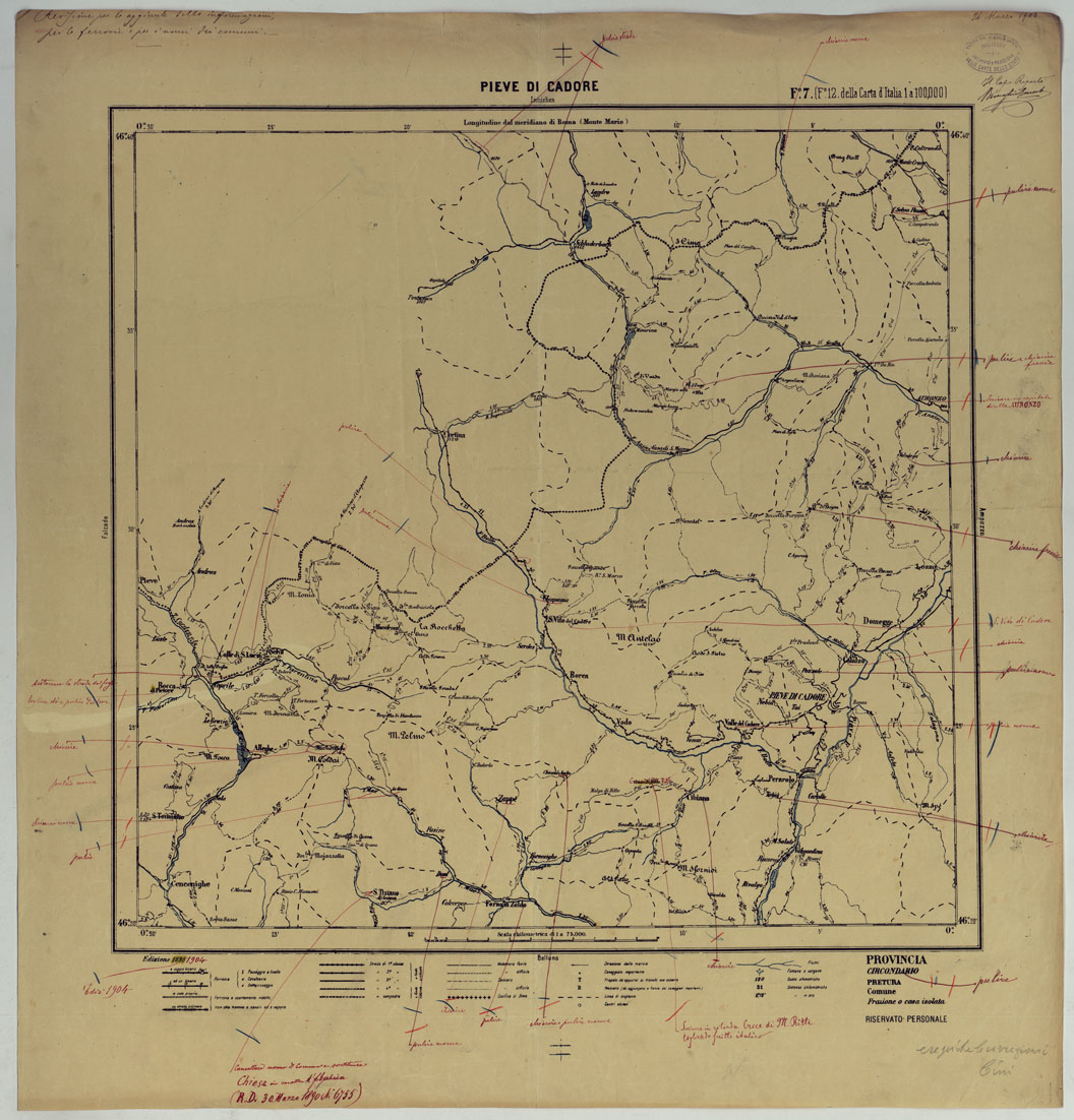 (N:25385) CARTA ITINERARIA D'ITALIA PER GLI ALPINI NORMALI D'ARCHIVIO CON AGGIORNAMENTO FINO AL 1910 EDIZIONE COMPLETA ANNO 1904 - FOGLIO 7 PIEVE DI CADORE. (CA007886) Carte e stampe antiche: riproduzione a colori su carta (formato A1)