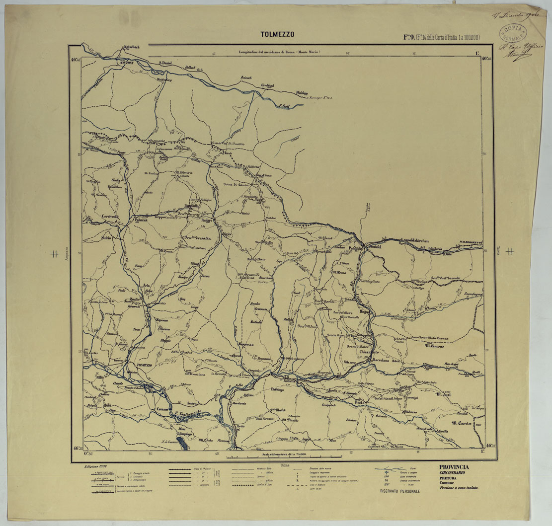 (N:25387) CARTA ITINERARIA D'ITALIA PER GLI ALPINI NORMALI D'ARCHIVIO CON AGGIORNAMENTO FINO AL 1910 EDIZIONE COMPLETA ANNO 1906 - FOGLIO 9 TOLMEZZO. (CA007892) Carte e stampe antiche: riproduzione a colori su carta (formato A1)