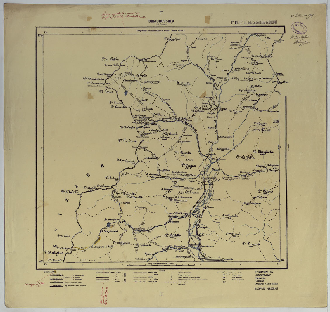 (N:25389) CARTA ITINERARIA D'ITALIA PER GLI ALPINI NORMALI D'ARCHIVIO CON AGGIORNAMENTO FINO AL 1910 EDIZIONE COMPLETA ANNO 1910 - FOGLIO 11 DOMODOSSOLA. (CA007894, CA007895, CA007896, CA007897, CA007898) Carte e stampe antiche: riproduzione a colori su carta (formato A1)