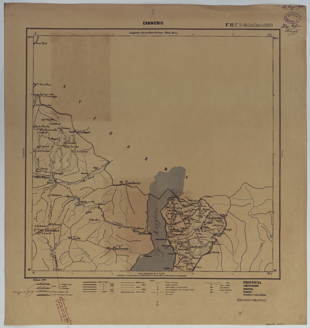 (N:25390) CARTA ITINERARIA D'ITALIA PER GLI ALPINI NORMALI D'ARCHIVIO CON AGGIORNAMENTO FINO  AL 1910 EDIZIONE COMPLETA ANNO 1909 - FOGLIO 12 CANNOBIO. (CA007899, CA007900) Carte e stampe antiche: riproduzione a colori su carta (formato A1)