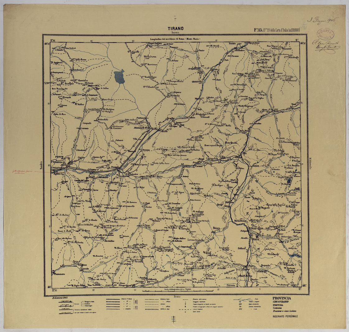 (N:25393) CARTA ITINERARIA D'ITALIA PER GLI ALPINI NORMALI D'ARCHIVIO CON AGGIORNAMENTO FINO AL1910 EDIZIONE COMPLETA ANNO 1903 -FOGLIO 15 TIRANO. (CA007905) Carte e stampe antiche: riproduzione a colori su carta (formato A1)