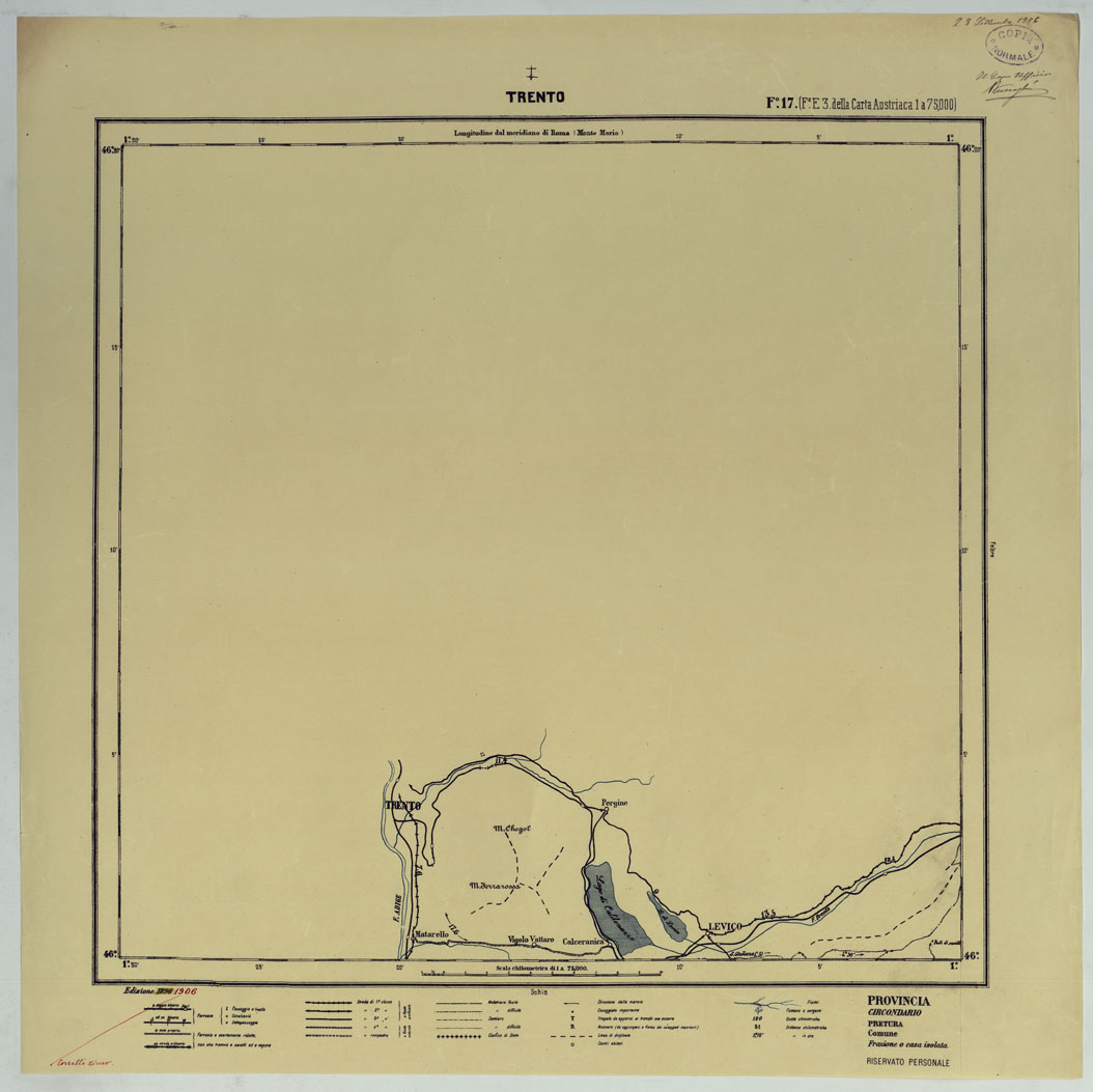 (N:25395) CARTA ITINERARIA D'ITALIA PER GLI ALPINI NORMALI D'ARCHIOVIO CON AGGIORNAMENTO FINO AL 1910 EDIZIONE COMPLETA ANNO 1906 - FOGLIO 17 TRENTO. (CA007907) Carte e stampe antiche: riproduzione a colori su carta (formato A1)