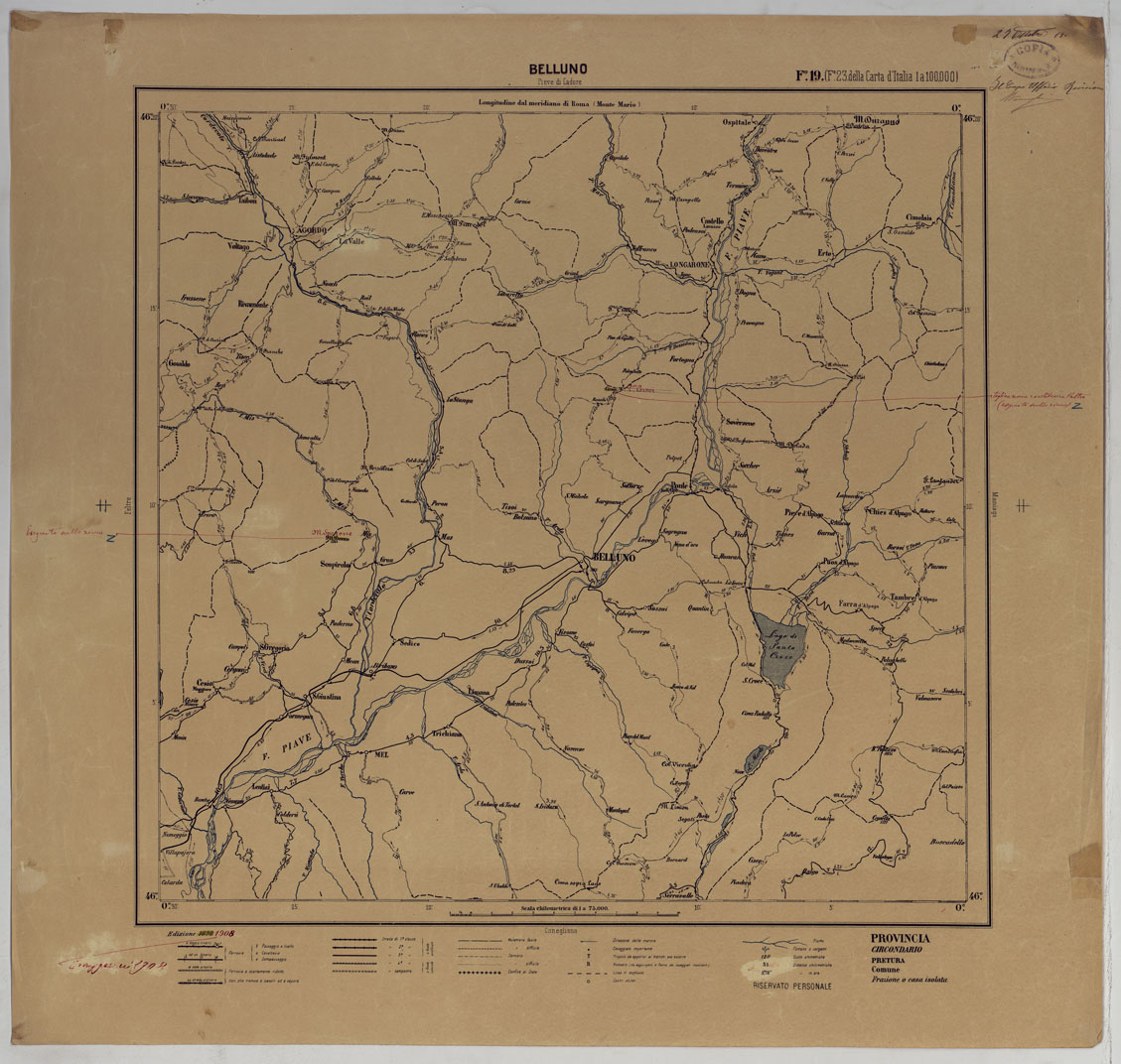 (N:25397) CARTA ITINERARIA D'ITALIA PER GLI ALPINI NORMALI D'ARCHIVIO CON AGGIORNAMEMTO FINO AL 1910 EDIZIONE COMPLETA ANNO 1908 - FOGLIO  19 BELLUNO. (CA007911, CA007912, CA007913) Carte e stampe antiche: riproduzione a colori su carta (formato A1)
