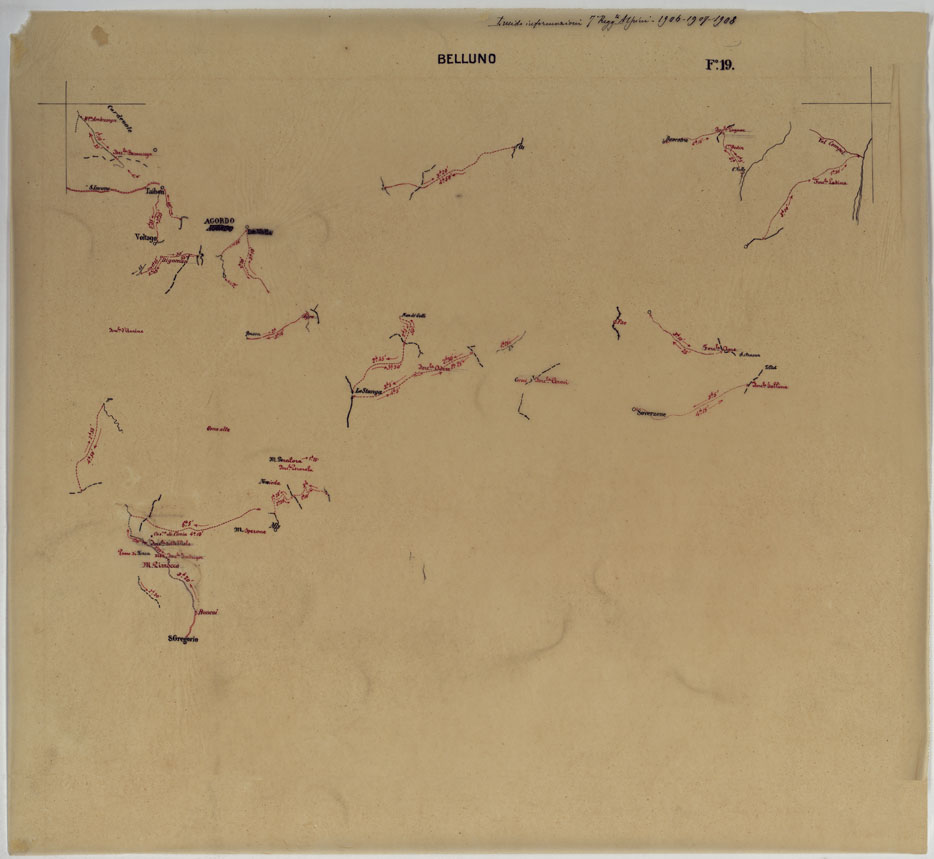 (N:25397) CARTA ITINERARIA D'ITALIA PER GLI ALPINI NORMALI D'ARCHIVIO CON AGGIORNAMEMTO FINO AL 1910 EDIZIONE COMPLETA ANNO 1908 - FOGLIO  19 BELLUNO. (CA007911, CA007912, CA007913) Carte e stampe antiche: riproduzione a colori su carta (formato A1)